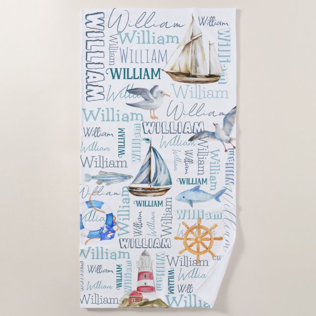 Personalised boys name nautical marine sailing beach towel (Front)
