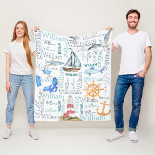 Personalised boys name nautical marine sailing  fleece blanket