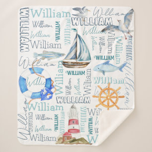 Personalised boys name nautical marine sailing  sherpa blanket