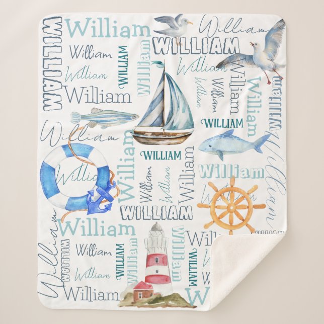 Personalised boys name nautical marine sailing  sherpa blanket (Front)