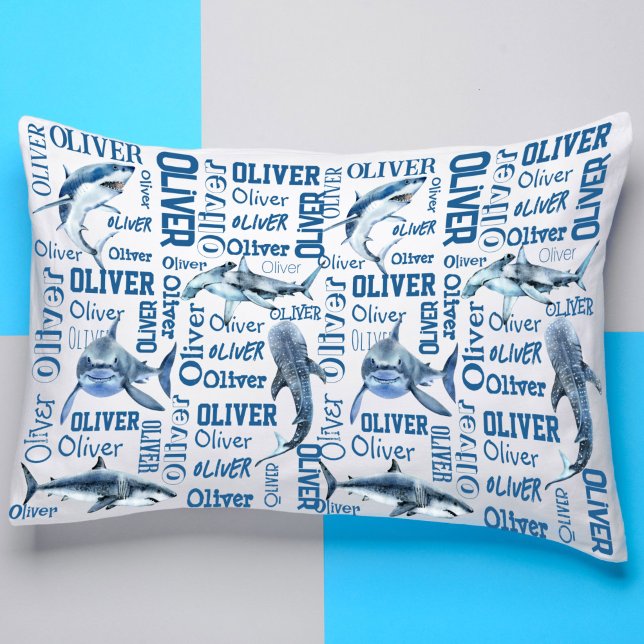 Personalised boys name pillow with sharks pillowcase (shark themed gifts for boys personalized name collage with sharks pillow case)