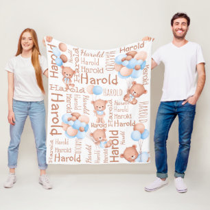 Personalised boys name teddy bear with balloons fleece blanket
