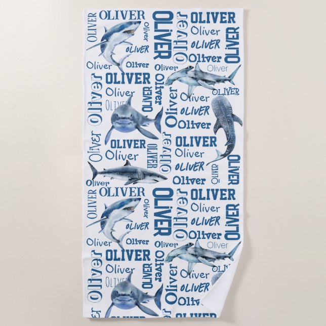 Personalised boys name with sharks collage  beach towel (Front)