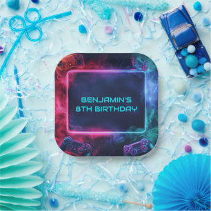 Personalised Boys Neon Gamer Birthday Party Plate