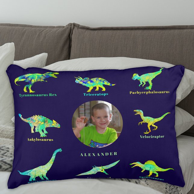 Personalised Boys Photo Dinosaur Decorative Cushion (Dinosaur boys personalized name and photo navy blue and green pillow with dino names)