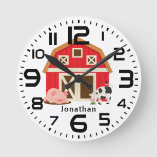 Personalised Boys Red Barn Pig Cow Round Clock