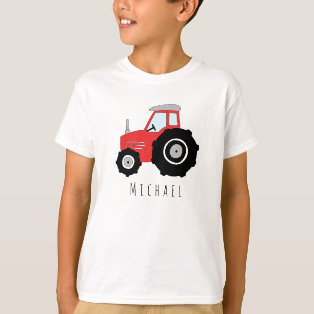 Personalised Boy's Red Farmer's Tractor with Name T-Shirt (Front)
