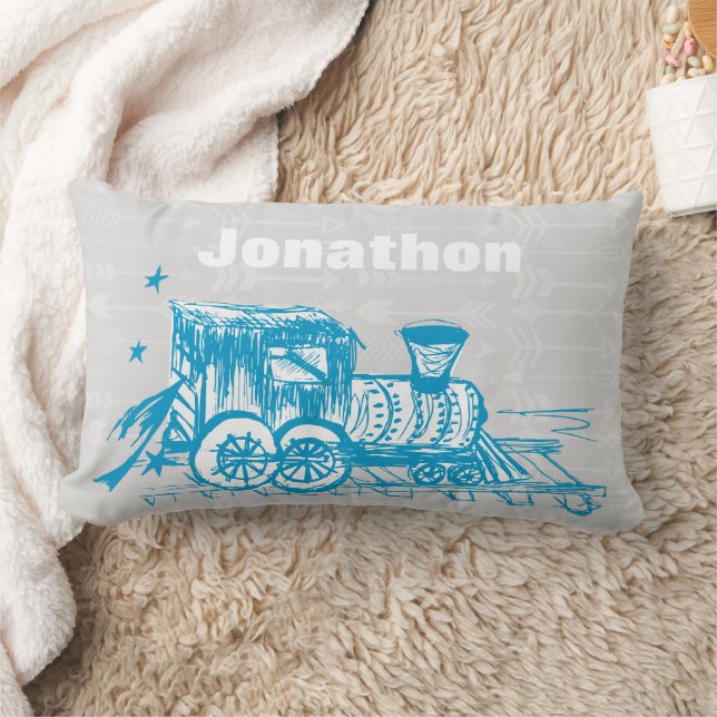 Personalised Boy's Room Grey Blue Choo Choo Train Lumbar Cushion (Blanket)