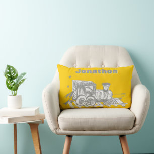 Personalised Boys Room Grey Yellow Choo Choo Train Lumbar Cushion