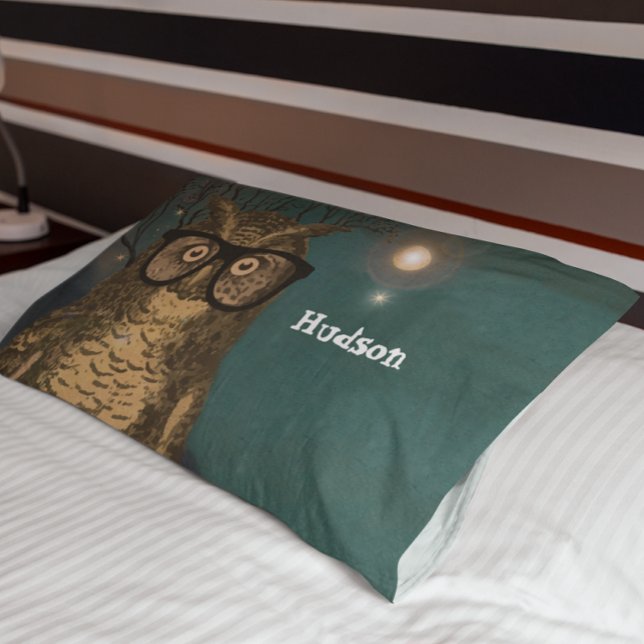 Personalised Boy's Room Owl with Glasses Texture Pillowcase (Creator Uploaded)