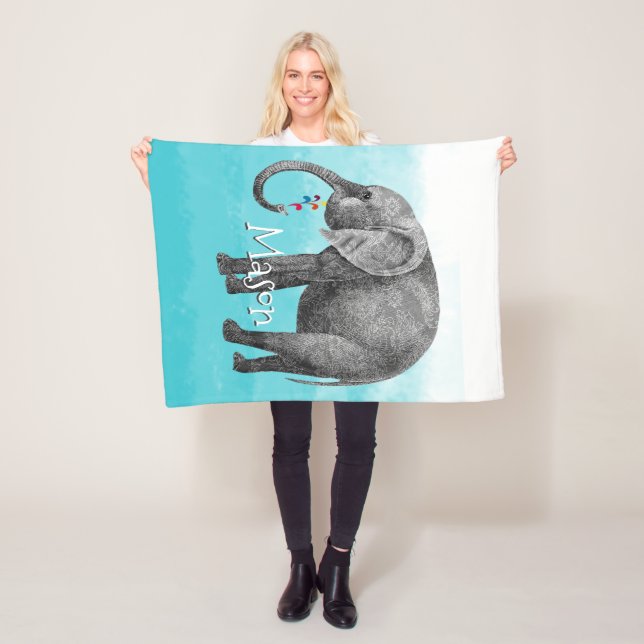 Personalised Boy's Room Pattern Elephant Fleece Blanket (In Situ)