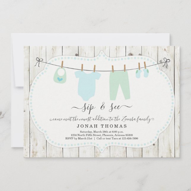 Personalised Boys Sip and See Invitation - Rustic (Front)