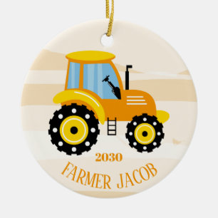 Personalised Boys Yellow Tractor Christmas   Ceramic Tree Decoration