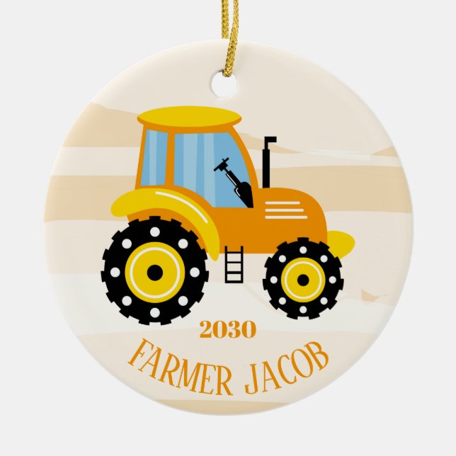 Personalised Boys Yellow Tractor Christmas   Ceramic Tree Decoration (Front)