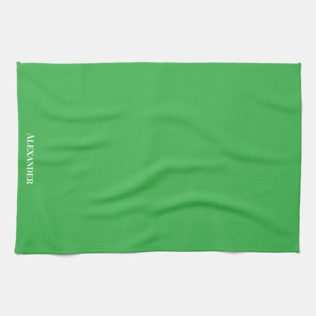 Personalised Brand Green Plain Solid White Script Tea Towel (Horizontal)