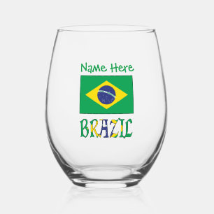 Personalised Brazil Flag Stemless Wine Glass