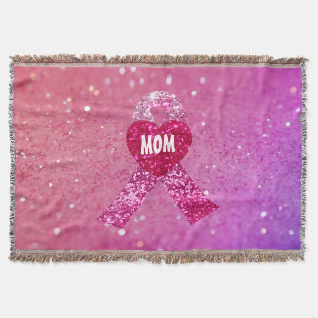 Personalised Breast Cancer Sparkle Pink Ribbon Throw Blanket (Front)