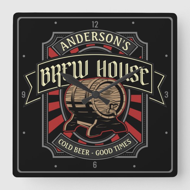 Personalised Brew House Label Beer Brewing Bar Pub Square Wall Clock (Front)