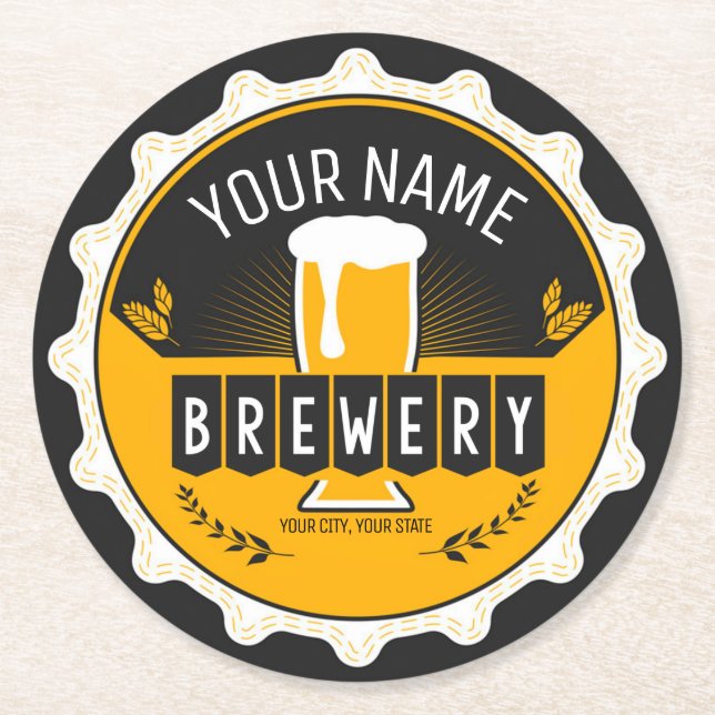 Personalised Brewery Beer Bottle Cap Bar  Round Paper Coaster (Front)