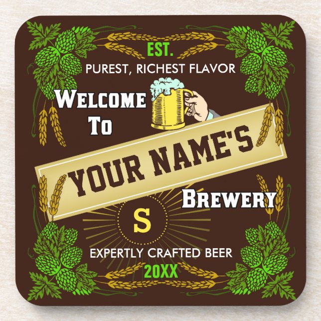 Personalised Brewery Welcome: Hops Barley Beer Coaster (Front)