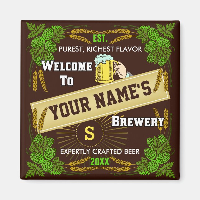 Personalised Brewery Welcome: Hops Barley Beer Magnet (Front)