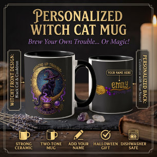 Personalised Brewing Up Trouble Black Cat Witch Mug