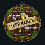 Personalised Brewpub Welcome: Hops Barley Beer Dartboard<br><div class="desc">Create your own extra-fancy custom brewpub dartboard using this beautiful and original template design. The dartboard is edged in an ornate hops and barley border, along with a beer mug graphic, a star burst effect and a central banner. The game board says, "Welcome to [your name]'s Brew Pub." Then there's...</div>
