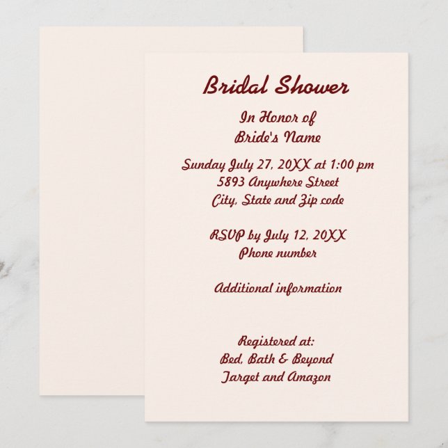 Personalised Bridal Shower Invitation Card (Front/Back)