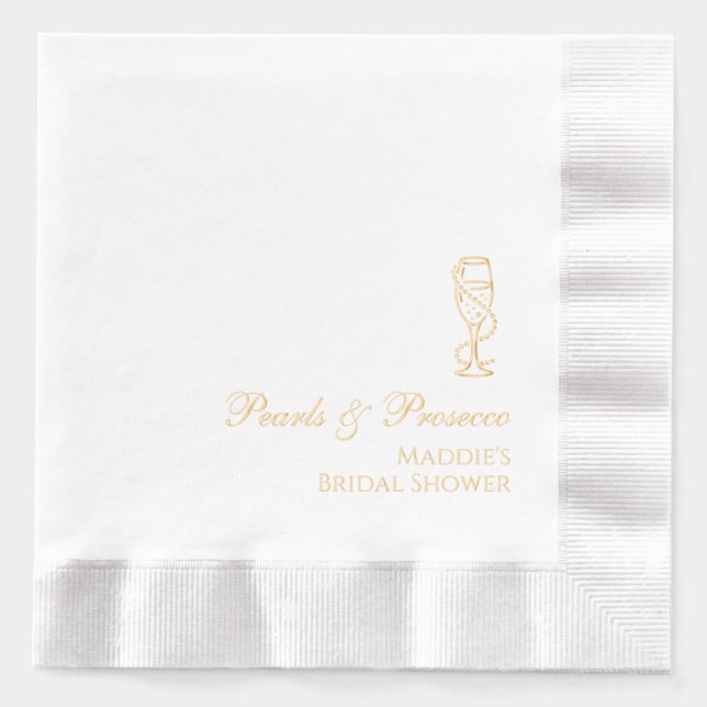 Personalised Bridal Shower Pearls & Prosecco Gold Foil Napkins (Front)