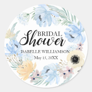 Personalised Bridal Shower Sticker, Blue Flowers Classic Round Sticker