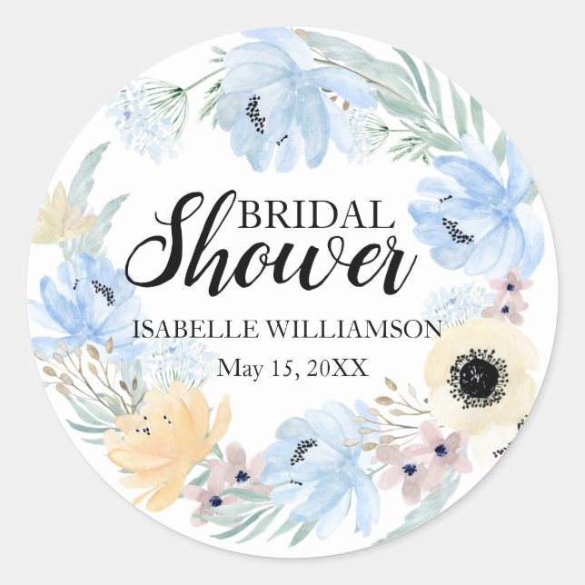 Personalised Bridal Shower Sticker, Blue Flowers Classic Round Sticker (Front)