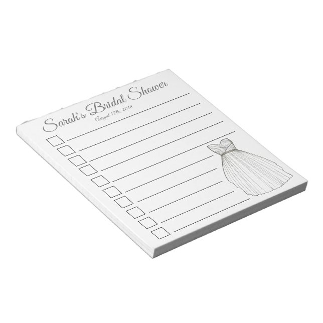 Personalised Bridal Shower Wedding Gown List Notepad (Angled)