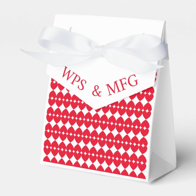 Personalised Bride and Groom Monograms, Red Hearts Favour Box (Front Side)