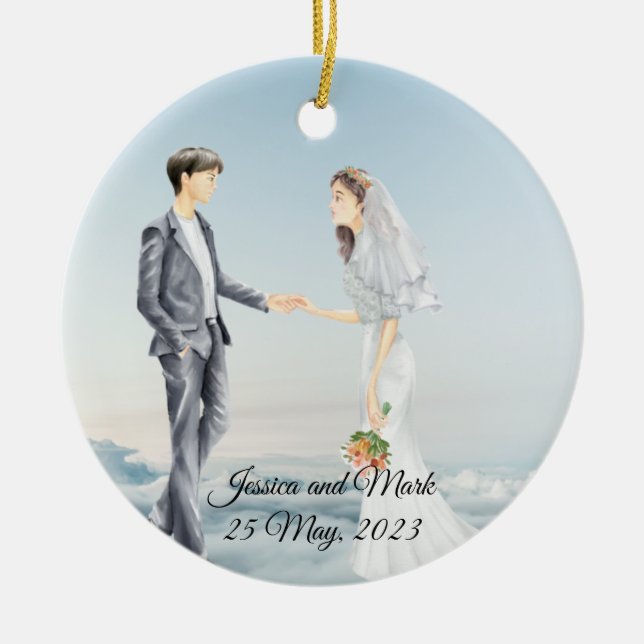 Personalised Bride and Groom on the Clouds Wedding Ceramic Tree Decoration (Front)
