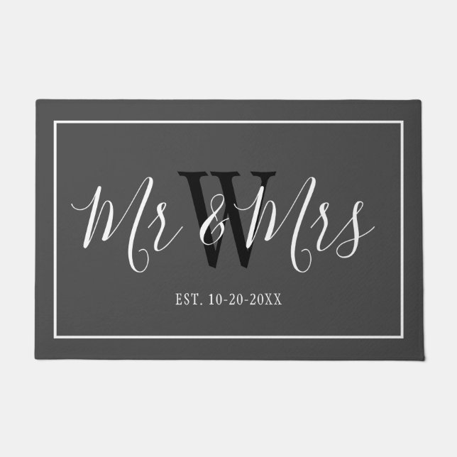 Personalised Bride and Groom Script Grey Wedding Doormat (Front)