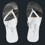 Personalised Bride Black Gold Agate Wedding Flip Flops<br><div class="desc">A black watercolor agate design trimmed with gold faux glitter decorates the front portion of these flip flops. Personalise them with elegant charcoal grey handwriting script on a white background for the bride or any other member of the wedding party. Ideal for a bachelorette party, bridal shower or beach wedding....</div>