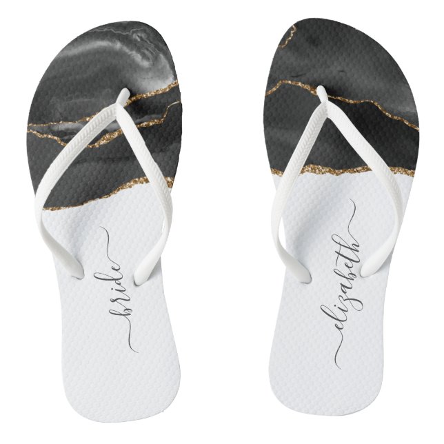 Personalised Bride Black Gold Agate Wedding Flip Flops (Footbed)