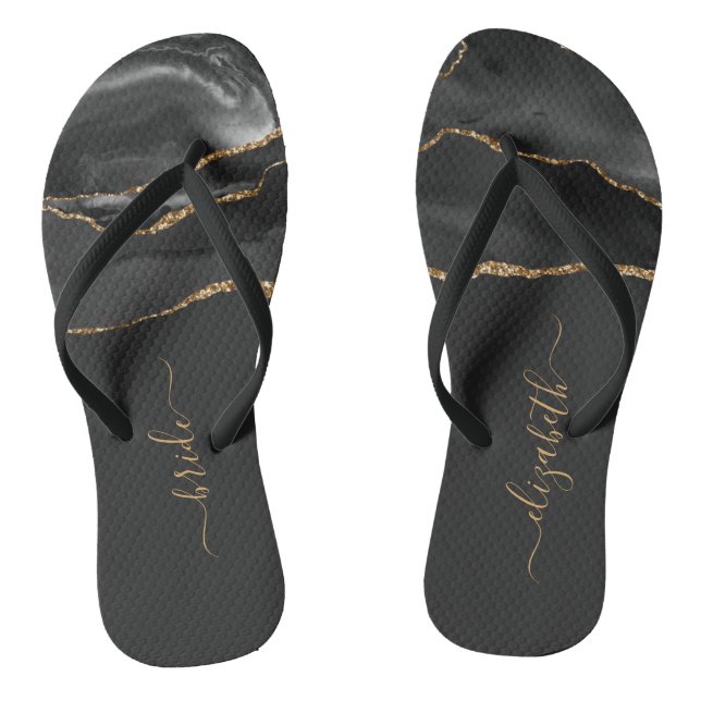 Personalised Bride Black Gold Agate Wedding Flip Flops (Footbed)
