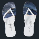 Personalised Bride Blue Gold Agate Wedding Flip Flops<br><div class="desc">A navy blue watercolor agate design trimmed with gold faux glitter decorates the front portion of these flip flops. Personalise them with elegant charcoal grey handwriting script on a white background for the bride or any other member of the wedding party. Ideal for a bachelorette party, bridal shower or beach...</div>