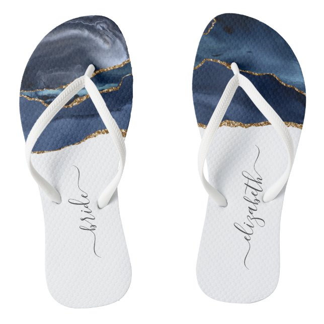 Personalised Bride Blue Gold Agate Wedding Flip Flops (Footbed)