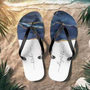 Personalised Bride Blue Gold Agate Wedding Flip Flops