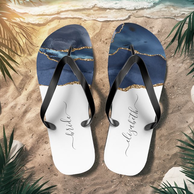 Personalised Bride Blue Gold Agate Wedding Flip Flops (Creator Uploaded)