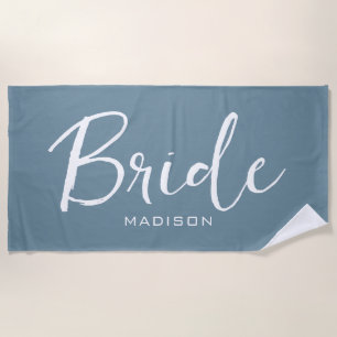 Personalised Bride Dusty Blue White Script Wedding Beach Towel