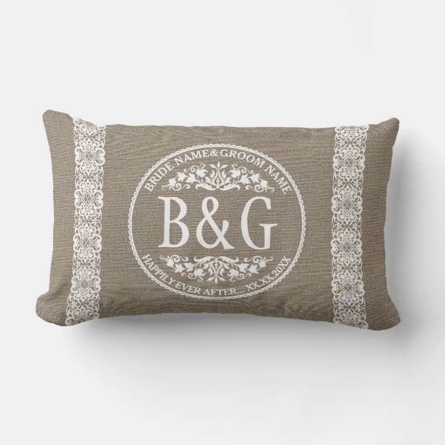 Personalised Bride&Groom Burlap&Lace Lumbar Cushion (Front)