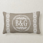 Personalised Bride&Groom Burlap&Lace Lumbar Cushion<br><div class="desc">Enter couple names,  initials,  wedding date and/or short text. Great gift for Bride and Groom.</div>