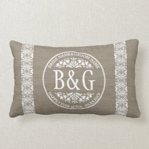 Personalised Bride&Groom Burlap&Lace Lumbar Cushion