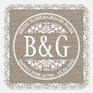 Personalised Bride&Groom Burlap&Lace Square Sticker