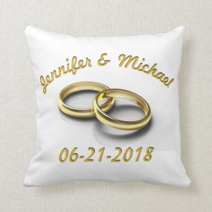 Personalised Bride & Groom Wedding Date Gold Rings Cushion
