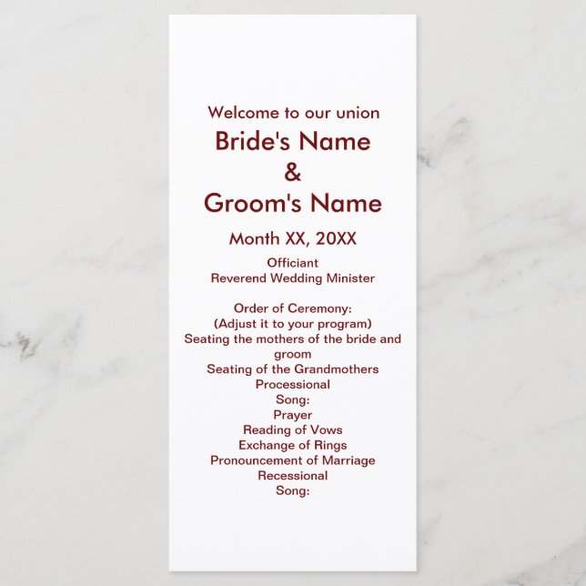 Personalised Bride Groom Wedding Program Rack Card (Front)