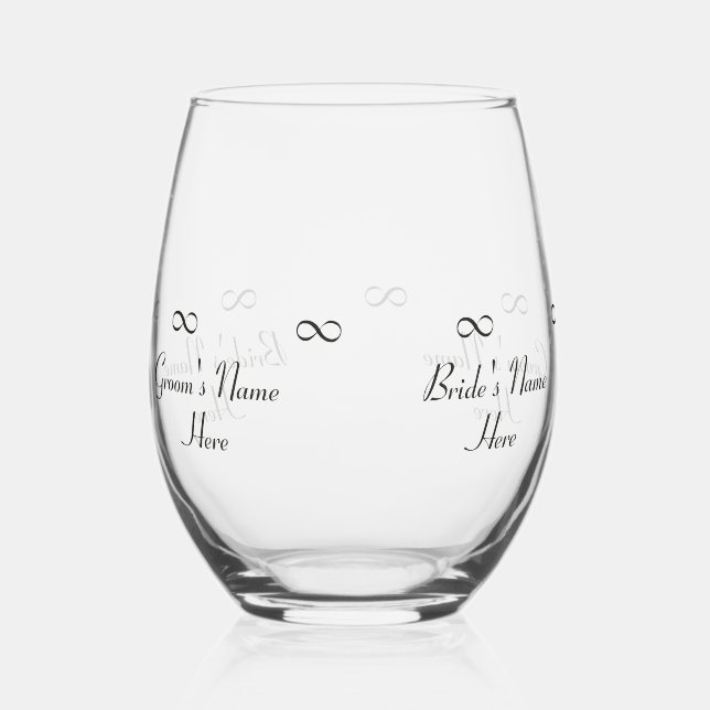 Personalised Bride & Groom's Names Infinity Symbol Stemless Wine Glass (Left)